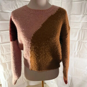 Dee Elly Pink and Brown Crew Neck Sweater with Geometric Pattern